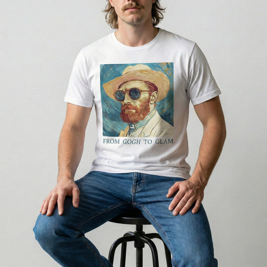 Person wearing a white t-shirt with a graphic of a man in a hat and sunglasses, sitting on a stool.