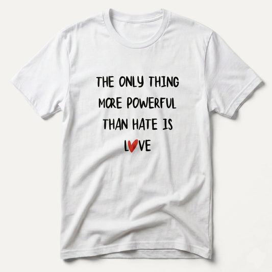 White t-shirt with black text and red heart on a white background