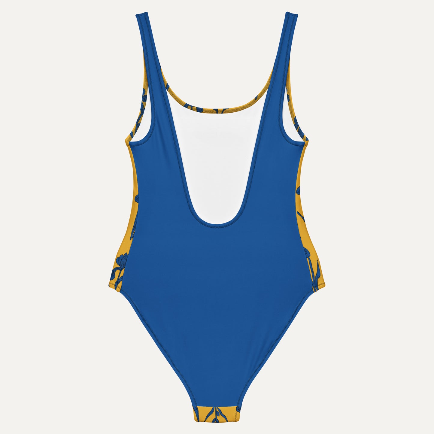 Blue swimsuit with yellow accents on a white background