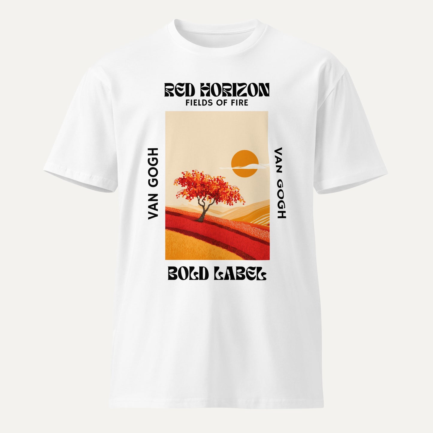 White t-shirt with Van Gogh 'Red Horizon' design featuring a tree and sunset.