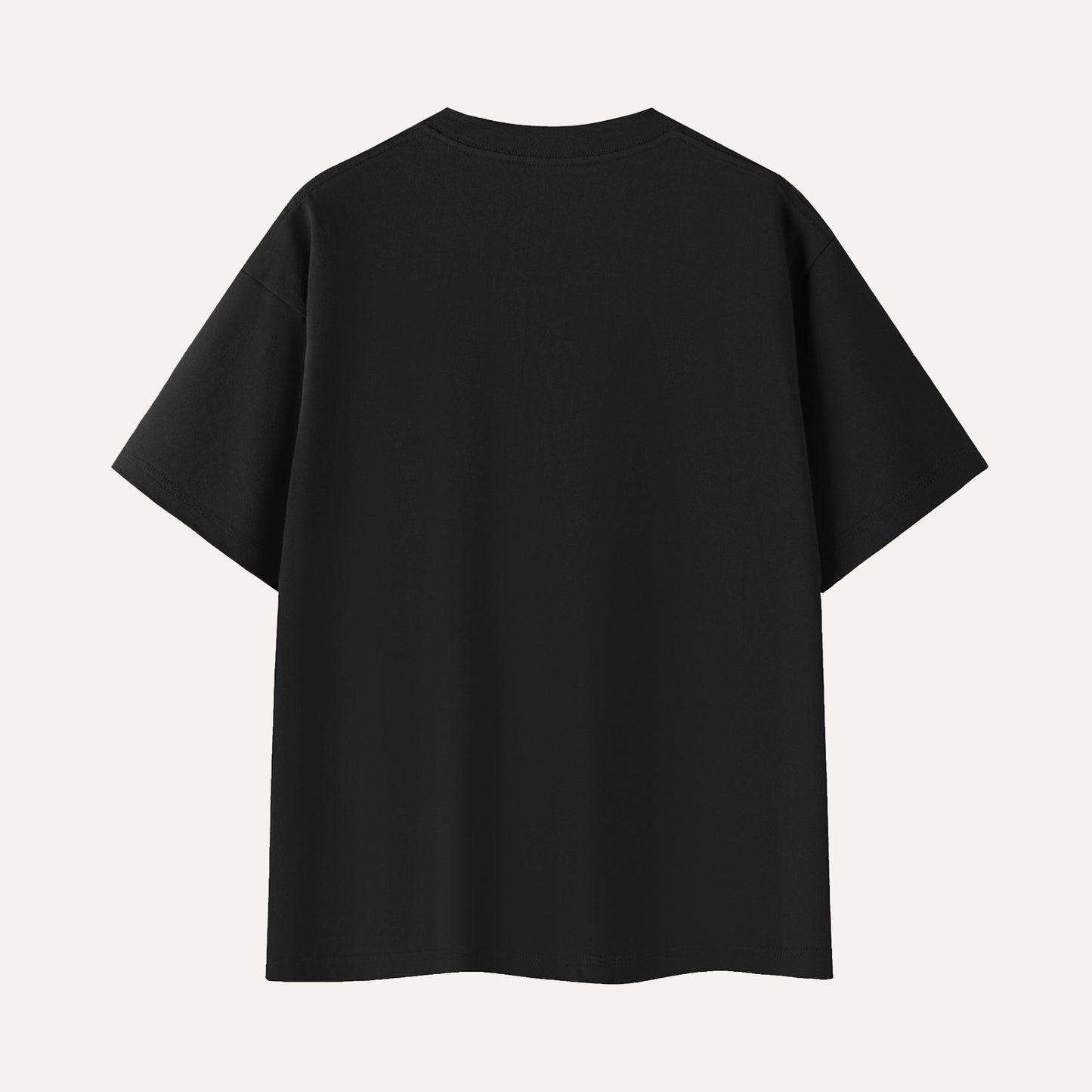 Black t-shirt with a small logo on a white background