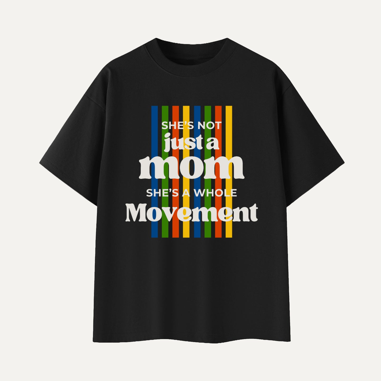 Black t-shirt with colorful text design on a white background