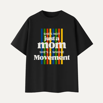 Black t-shirt with colorful text design on a white background