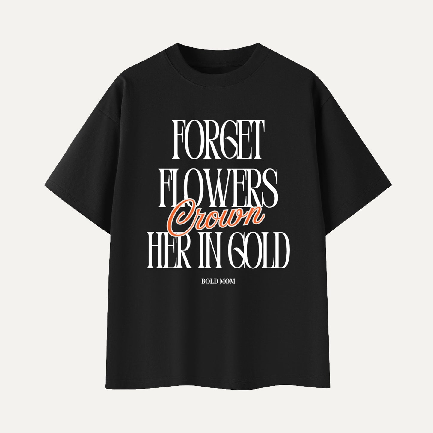 Black t-shirt with a small logo on a white background
