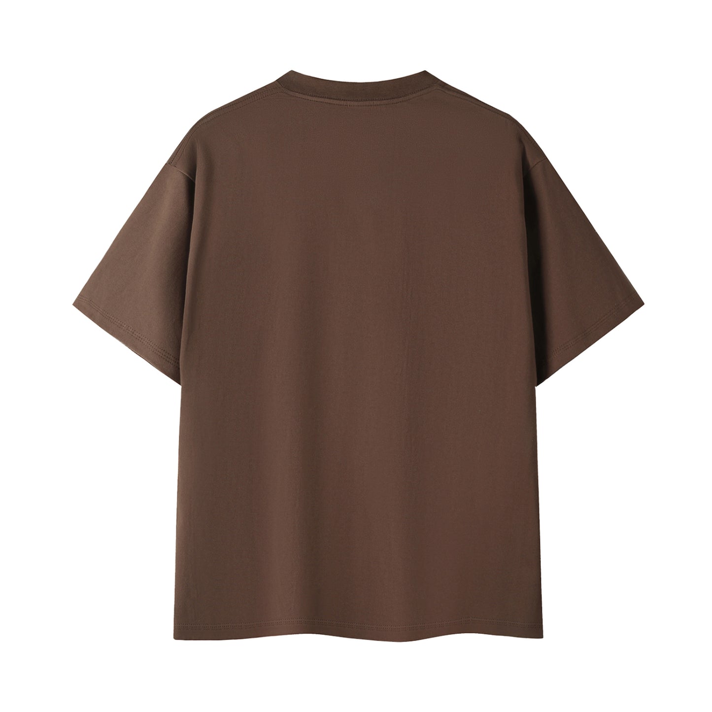 Brown t-shirt with text on the back against a white background