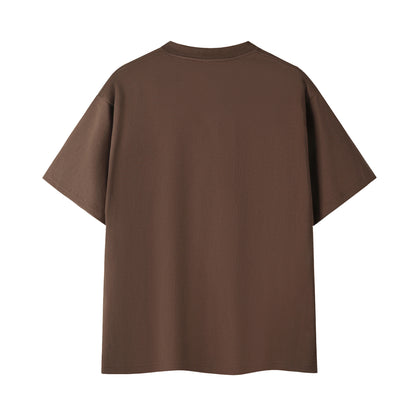 Brown t-shirt with text on the back against a white background