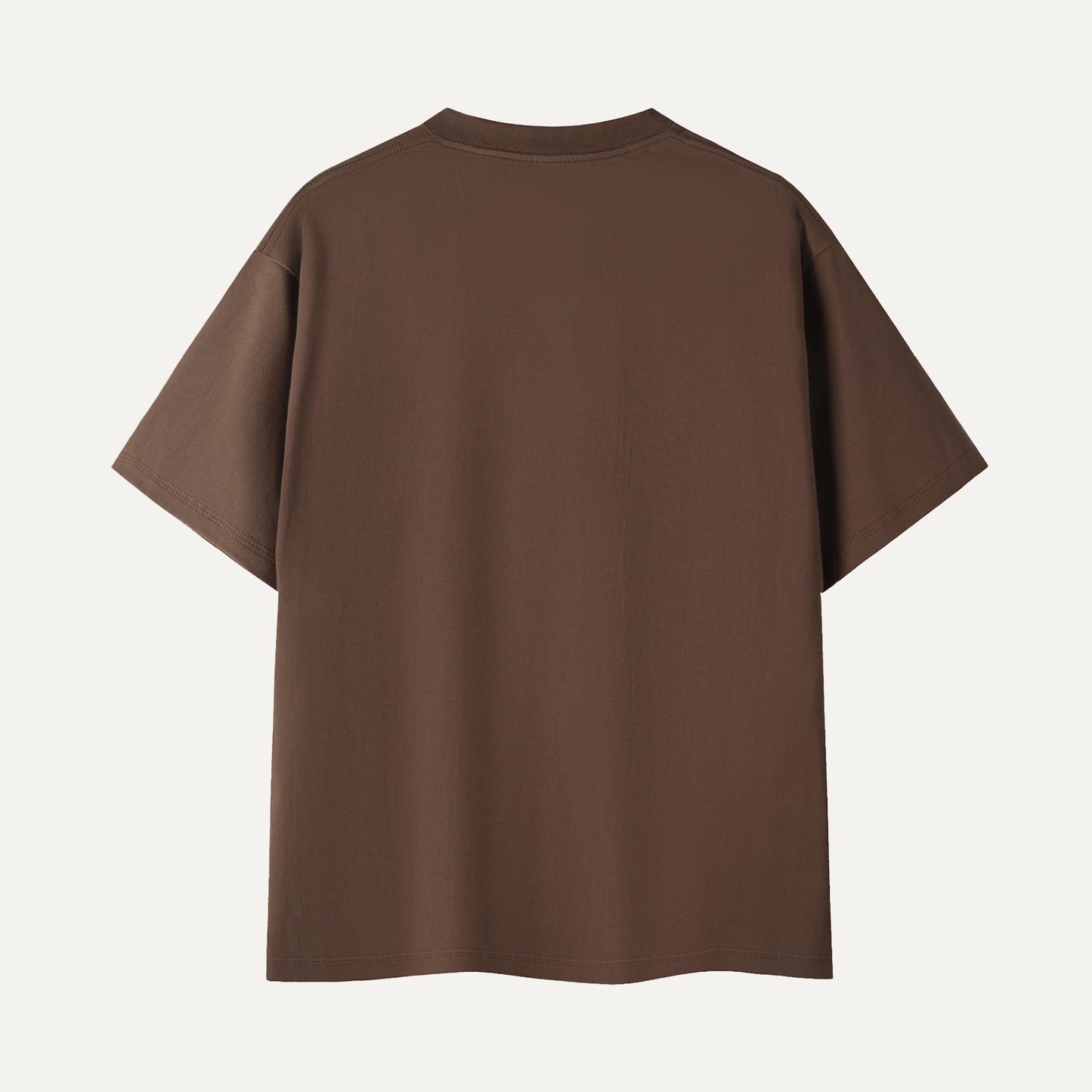 Brown t-shirt with text on the back against a white background