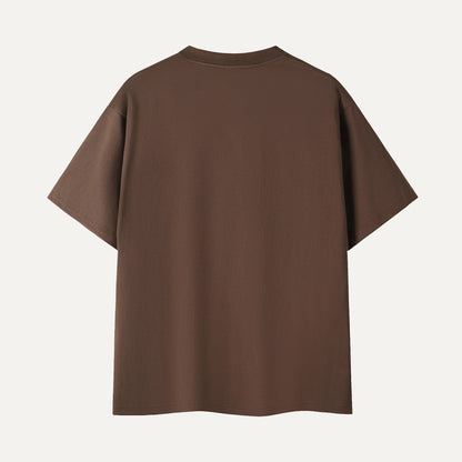 Brown t-shirt with text on the back against a white background