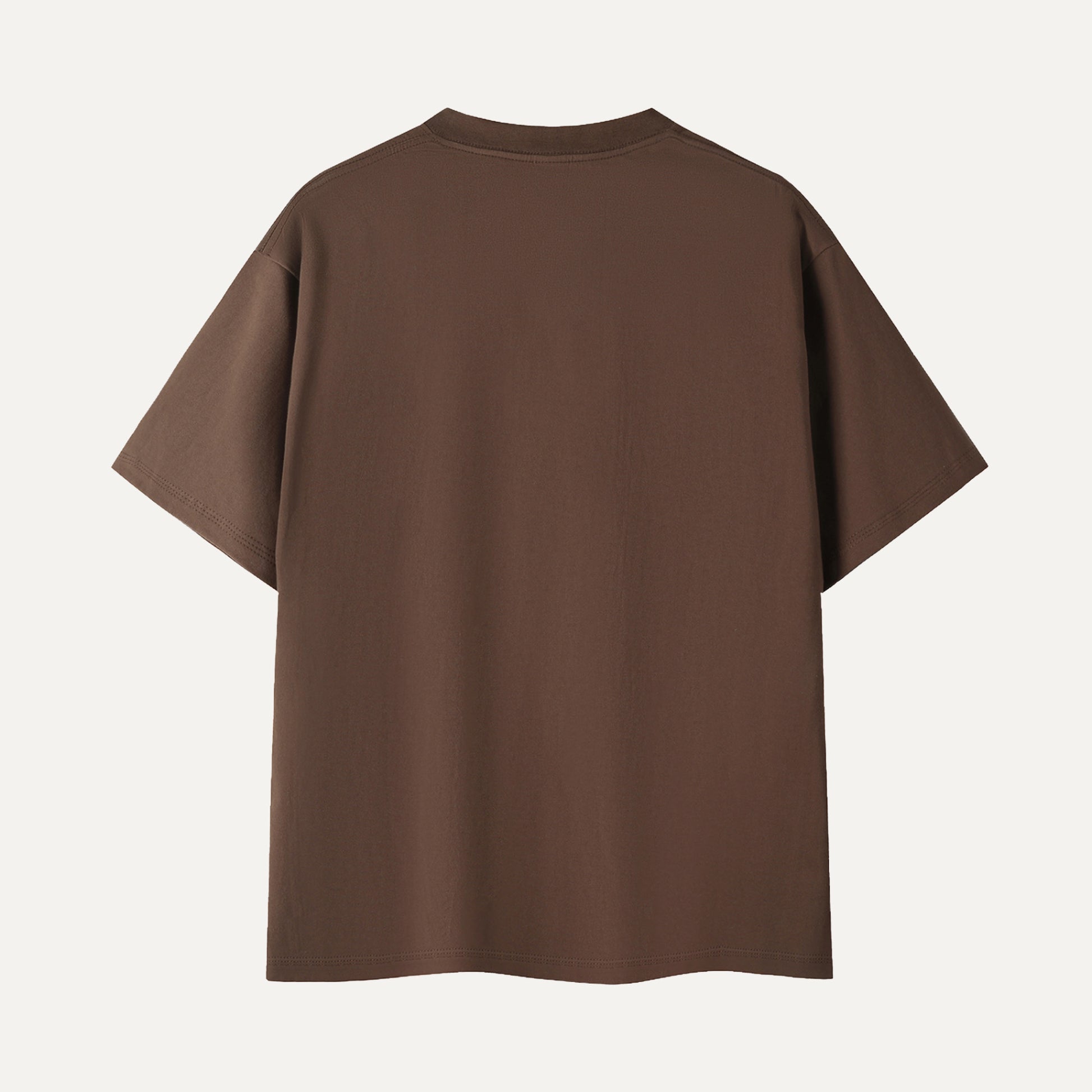 Brown t-shirt with text on the back against a white background