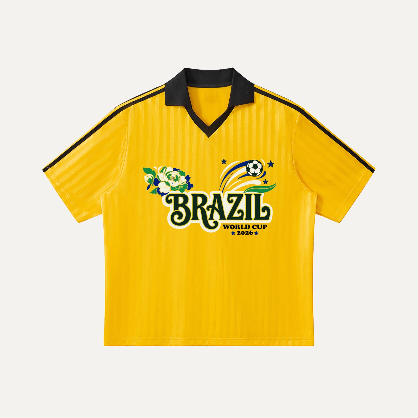 Yellow soccer jersey with 'Brazil World Cup 2026' text on a white background