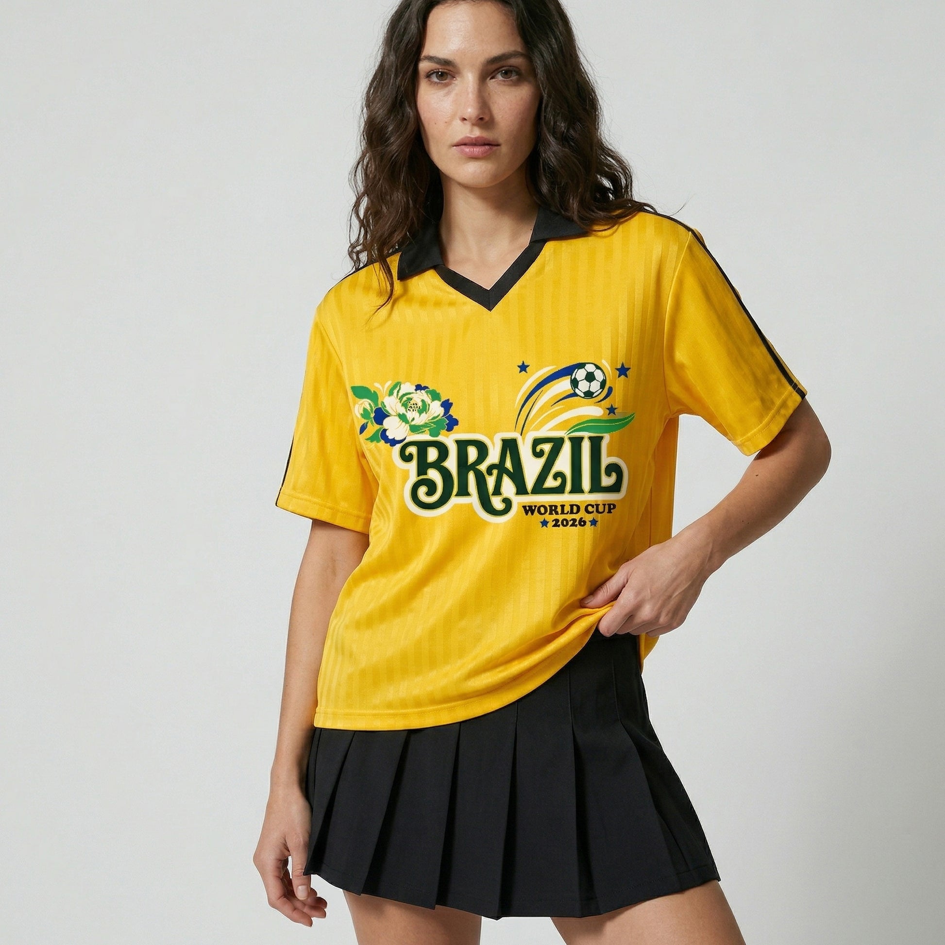 Woman wearing a yellow Brazil World Cup 2026 jersey with a black skirt on a light gray background