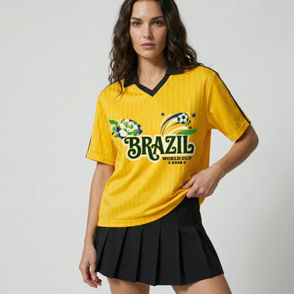 Woman wearing a yellow Brazil World Cup 2026 jersey with a black skirt on a light gray background