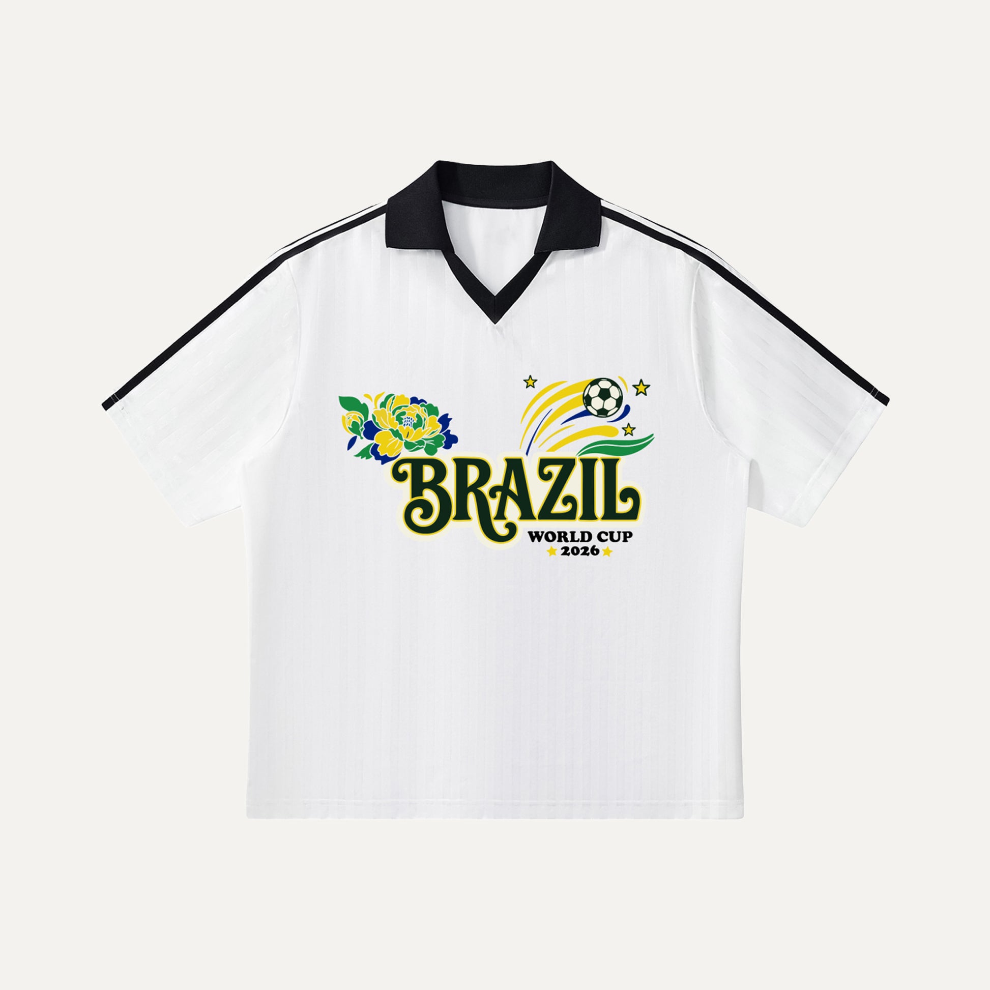 White jersey with Brazil World Cup 2026 print on a white background
