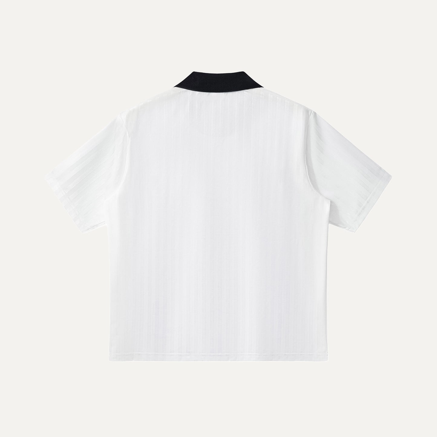 White t-shirt with black collar on a white background