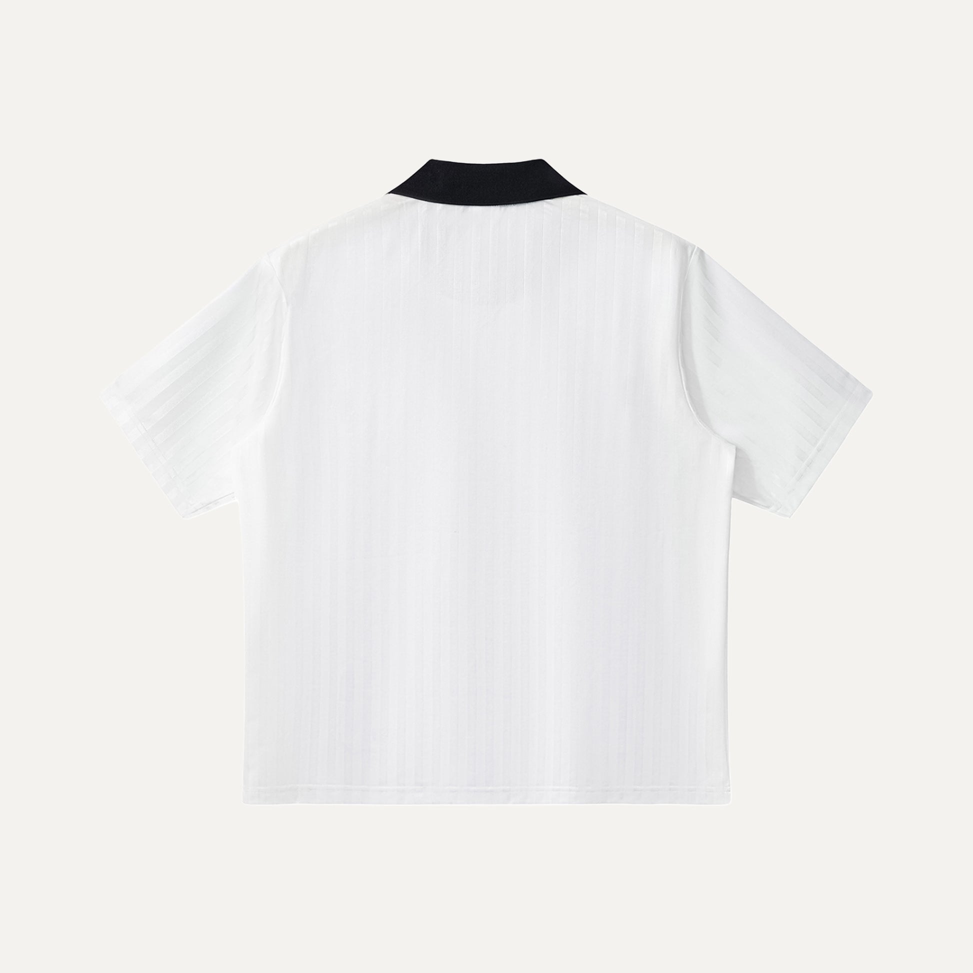White t-shirt with black collar on a white background