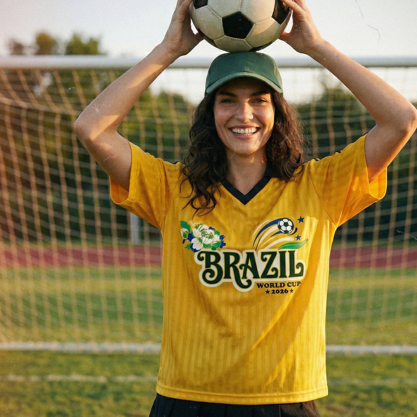 Vintage look of a person wearing a yellow Brazil World Cup jersey holding a soccer ball on a soccer field.