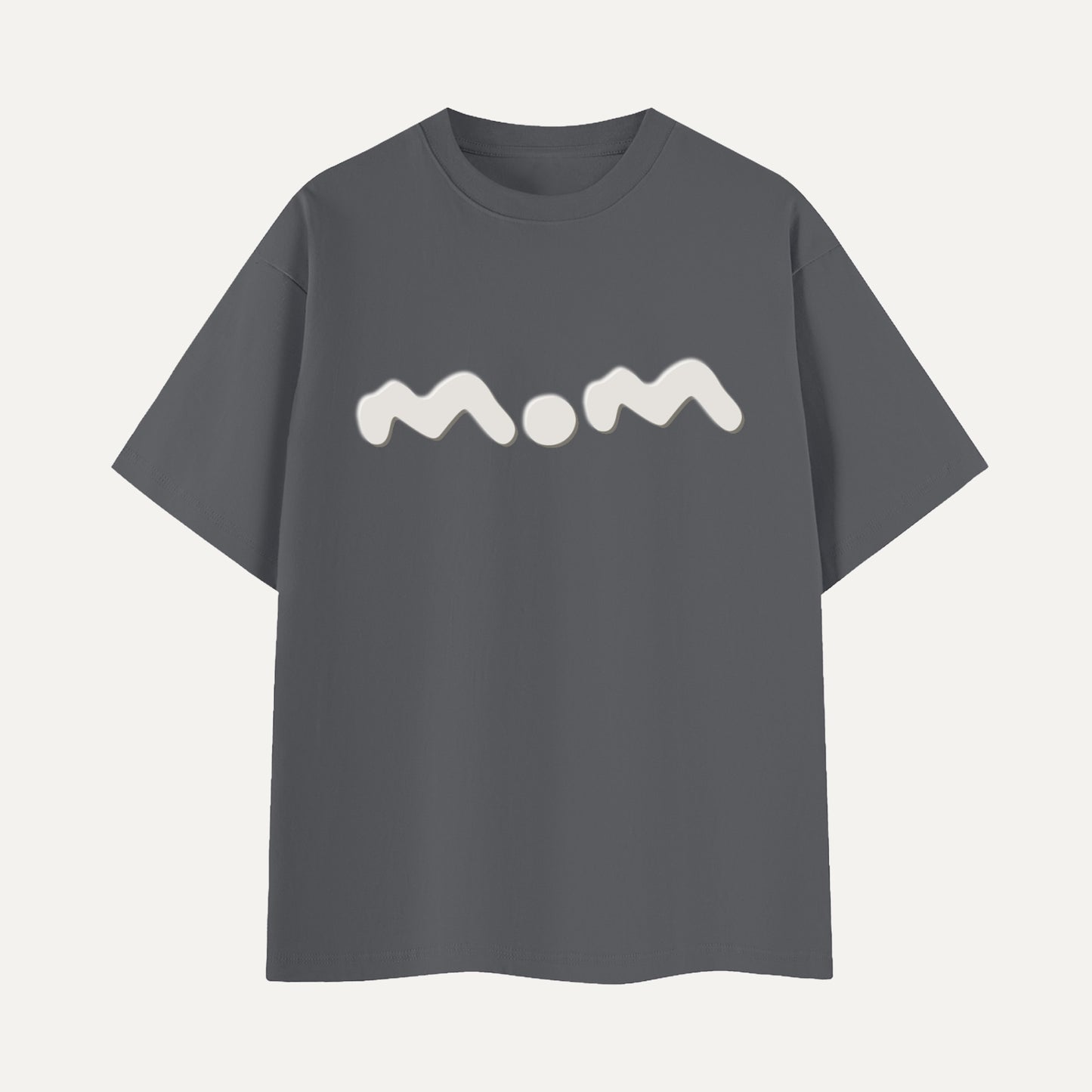 Gray t-shirt with 'mom' printed on it against a light gray background