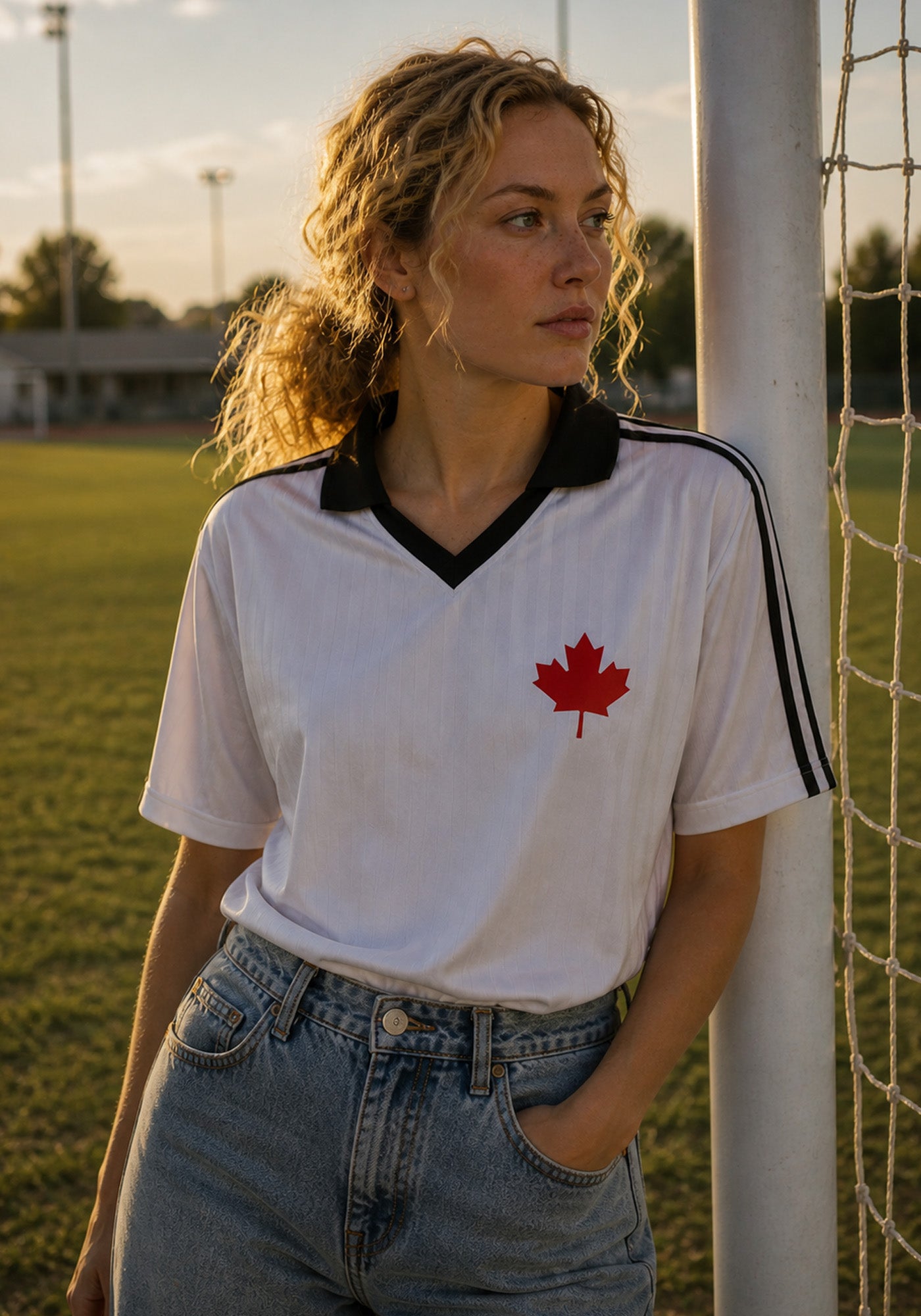 A lifestyle shot of a woman in a white Canadian soccer jersey and light-wash denim, leaning against a white goal post on a soccer field during golden hour.