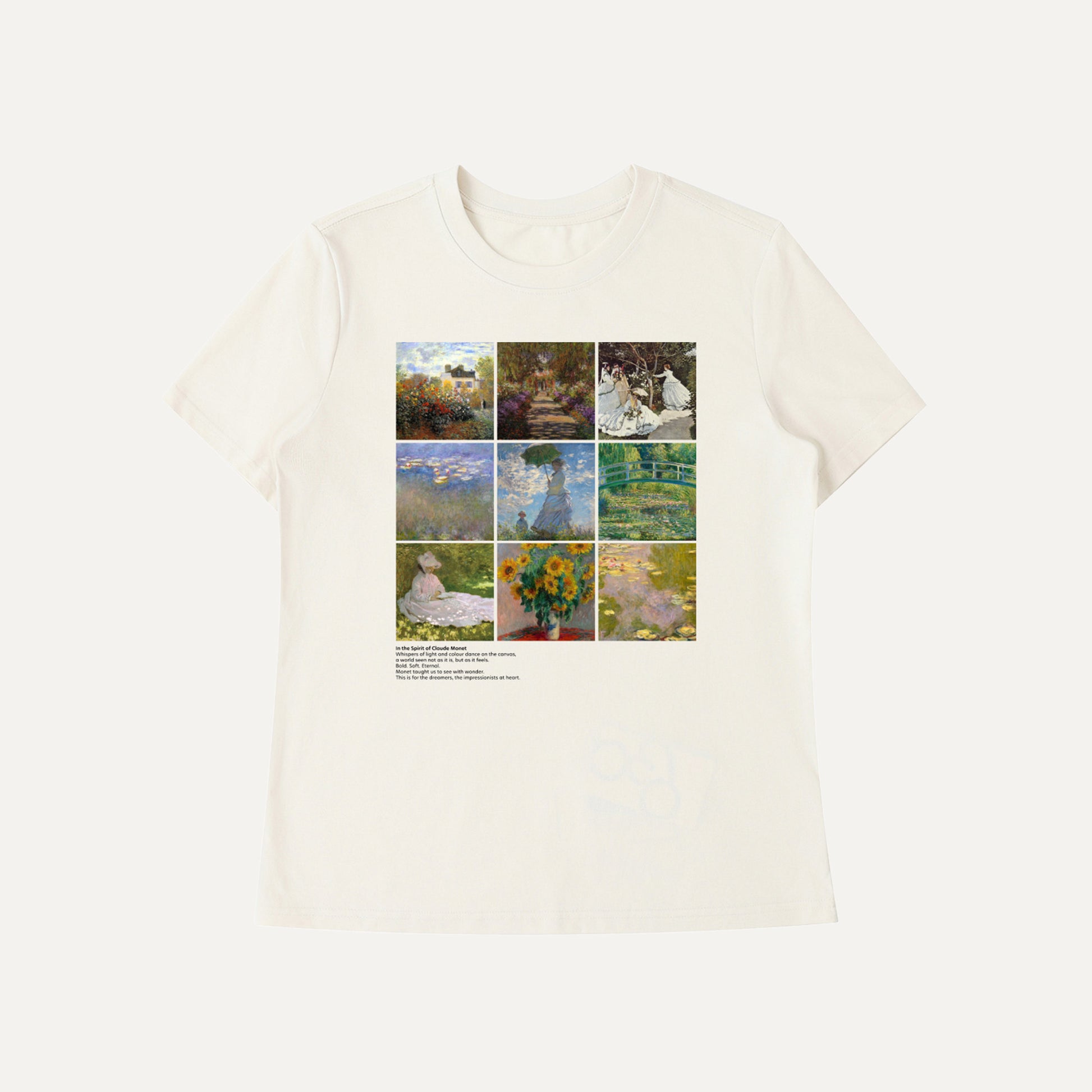 Beige t-shirt with a collage of images on a white background