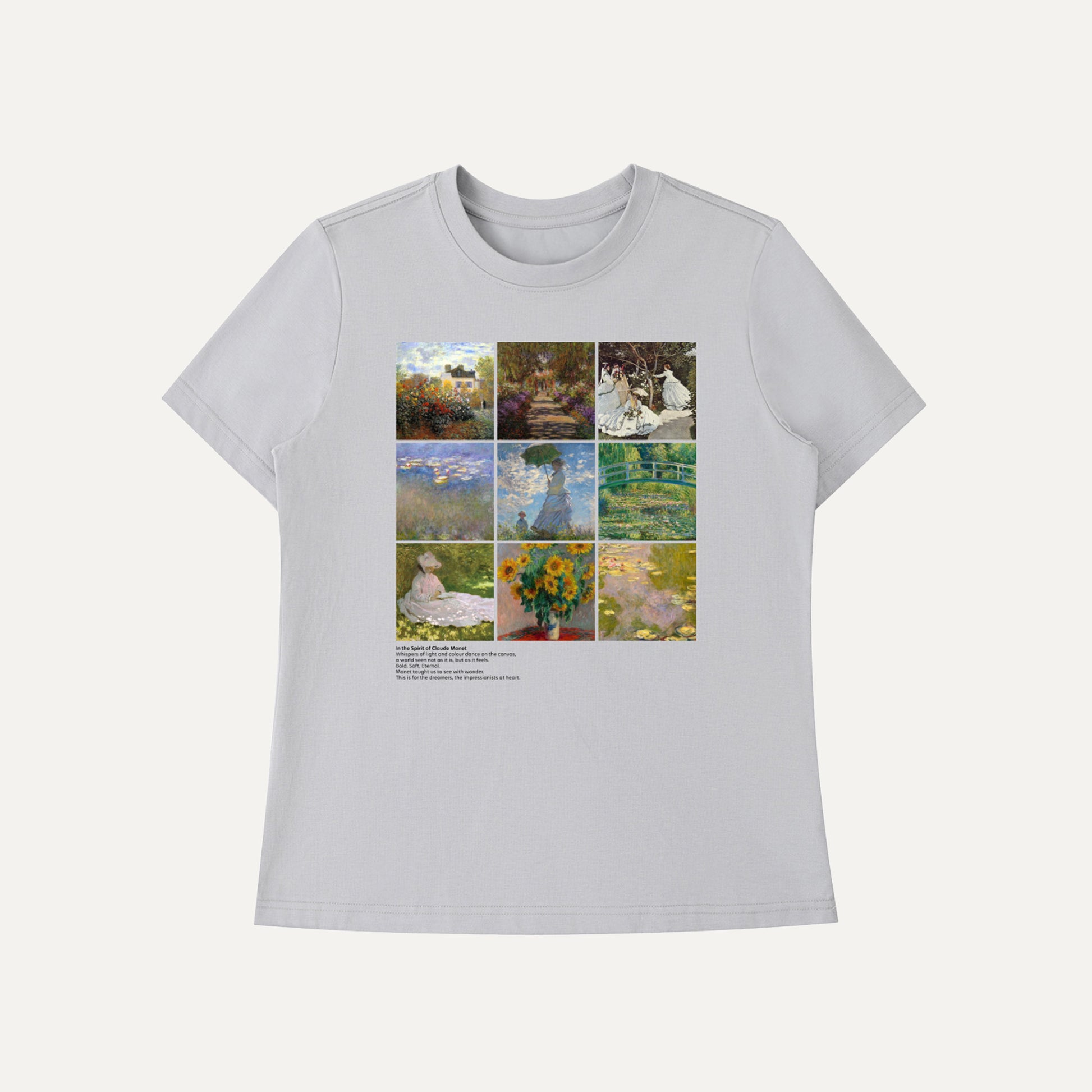 Grey t-shirt with artistic collage design on a white background