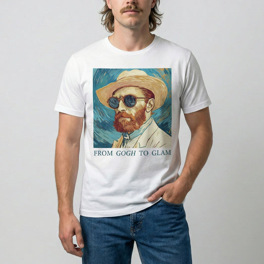 Person wearing a white t-shirt with a graphic of a man in a hat and sunglasses and text 'From Gogh to Glam'.