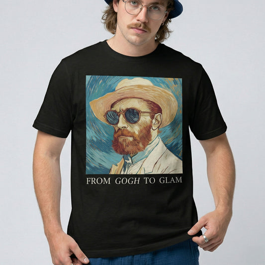 Person wearing a black t-shirt with a Van Gogh-inspired design and text 'From Gogh to Glam'.