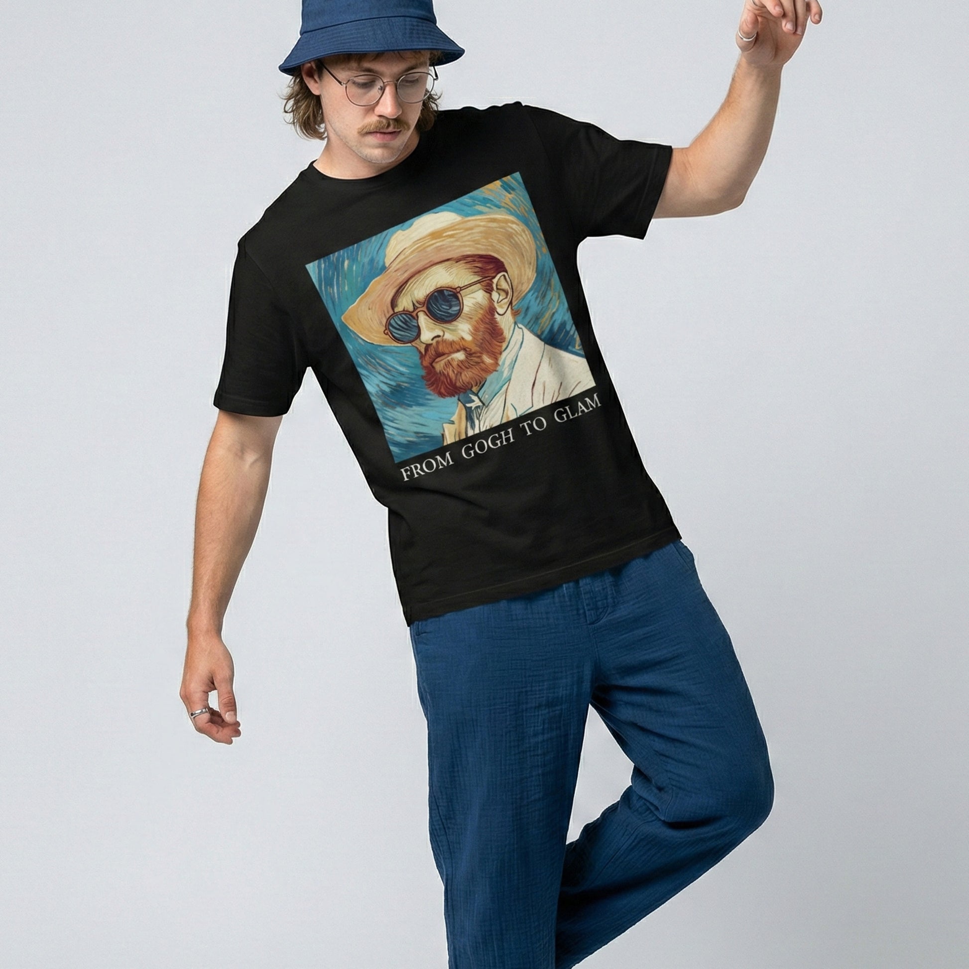 Person wearing a black t-shirt with a graphic design of Van Gogh and text 'From Gogh to Glam' on a plain background.