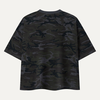 Black camouflage t-shirt on a white background