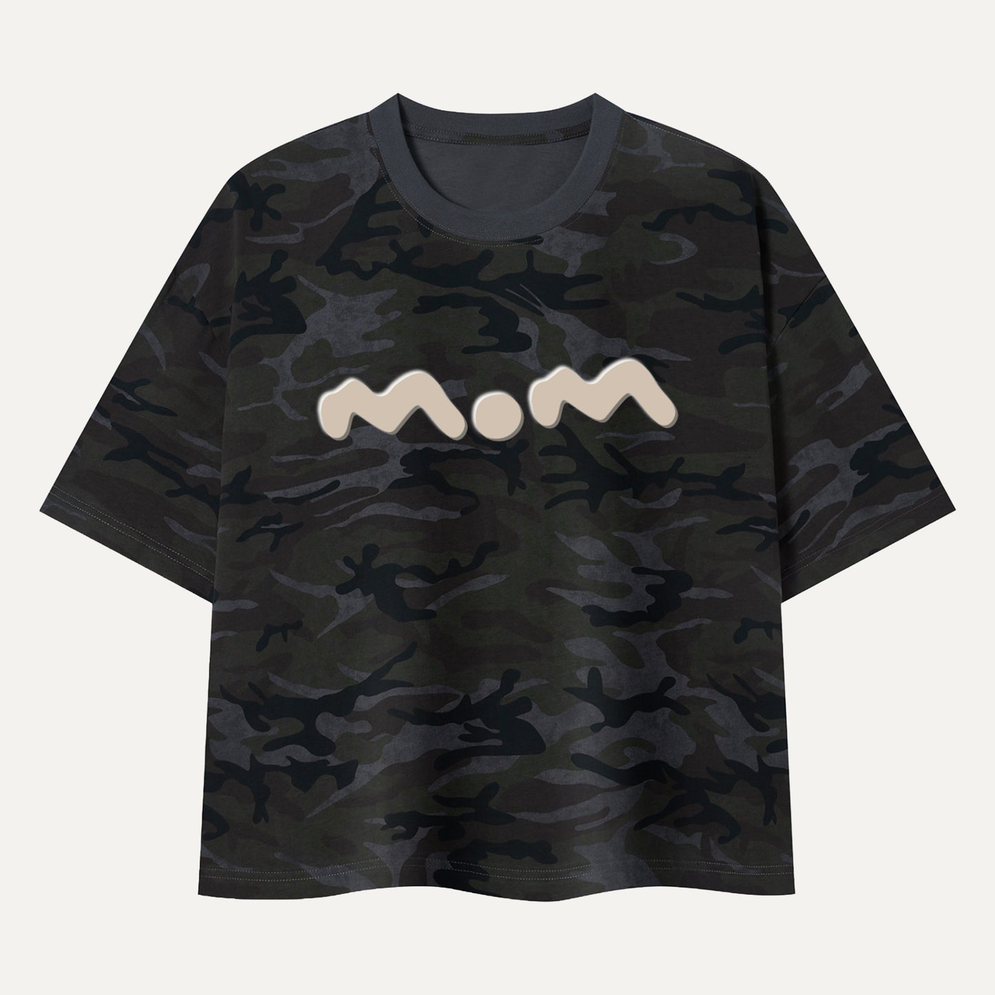 Black camouflage t-shirt with a white graphic on a light gray background