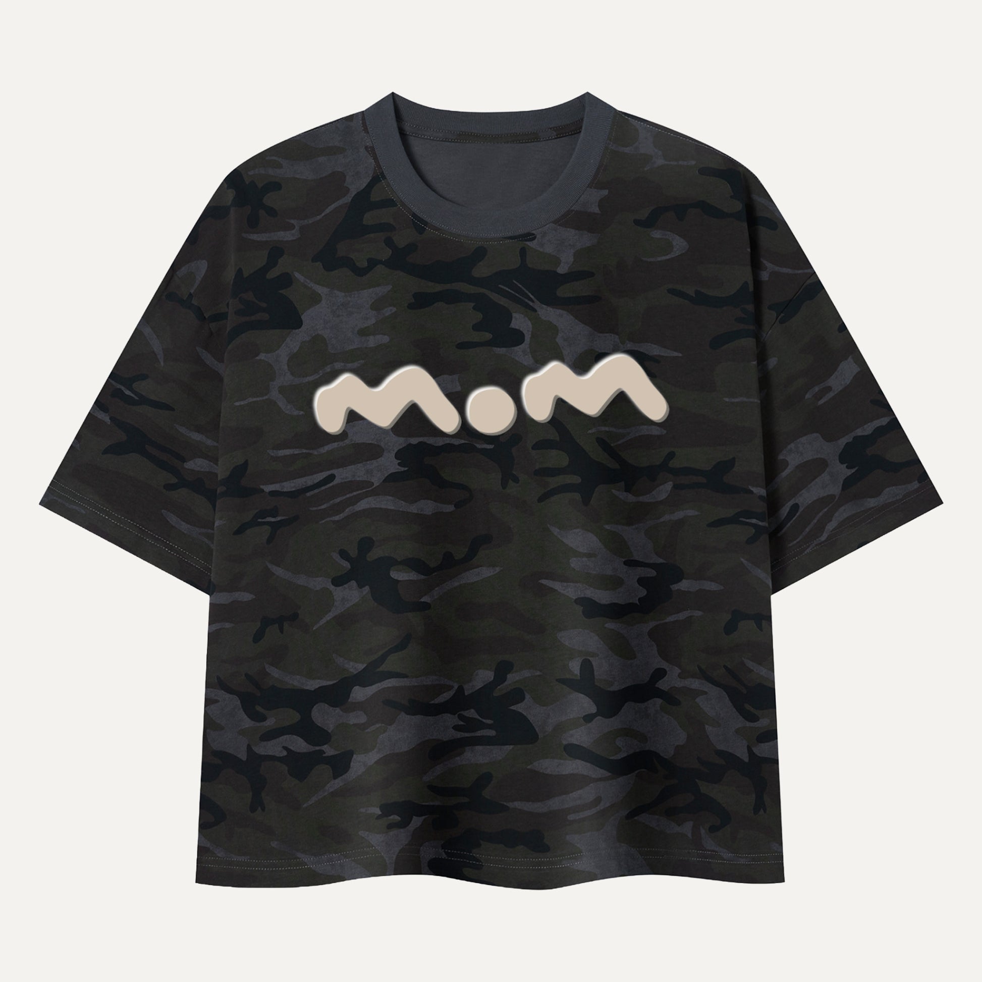 Black camouflage t-shirt with a white graphic on a light gray background
