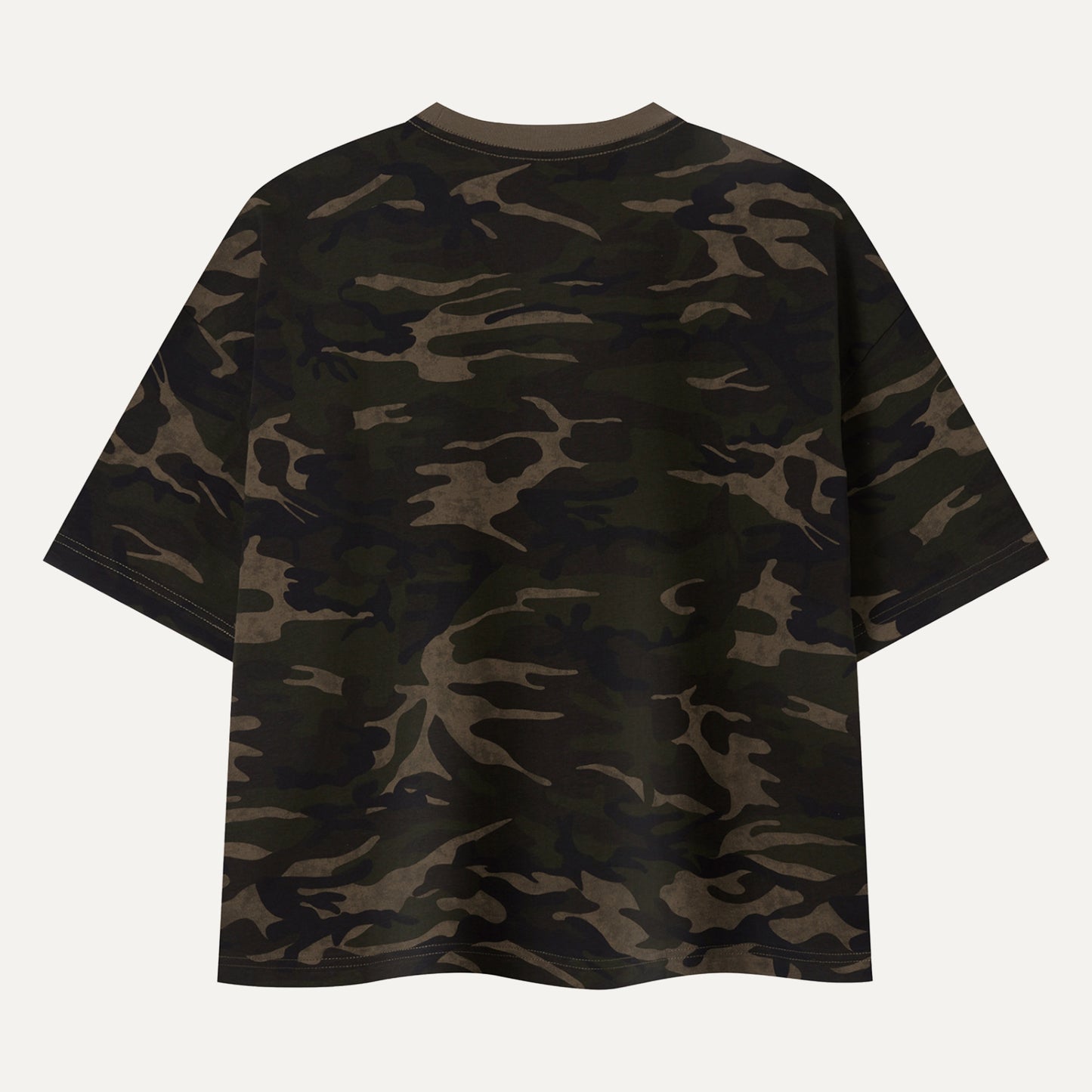 Camouflage-patterned t-shirt on a white background