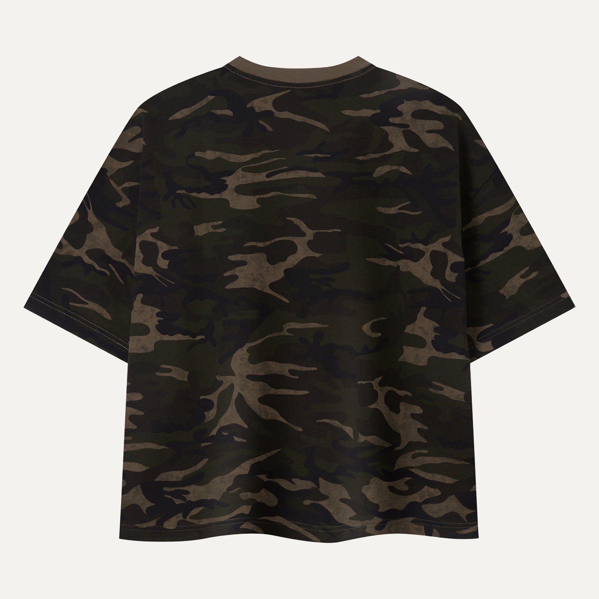 Camouflage-patterned t-shirt on a white background