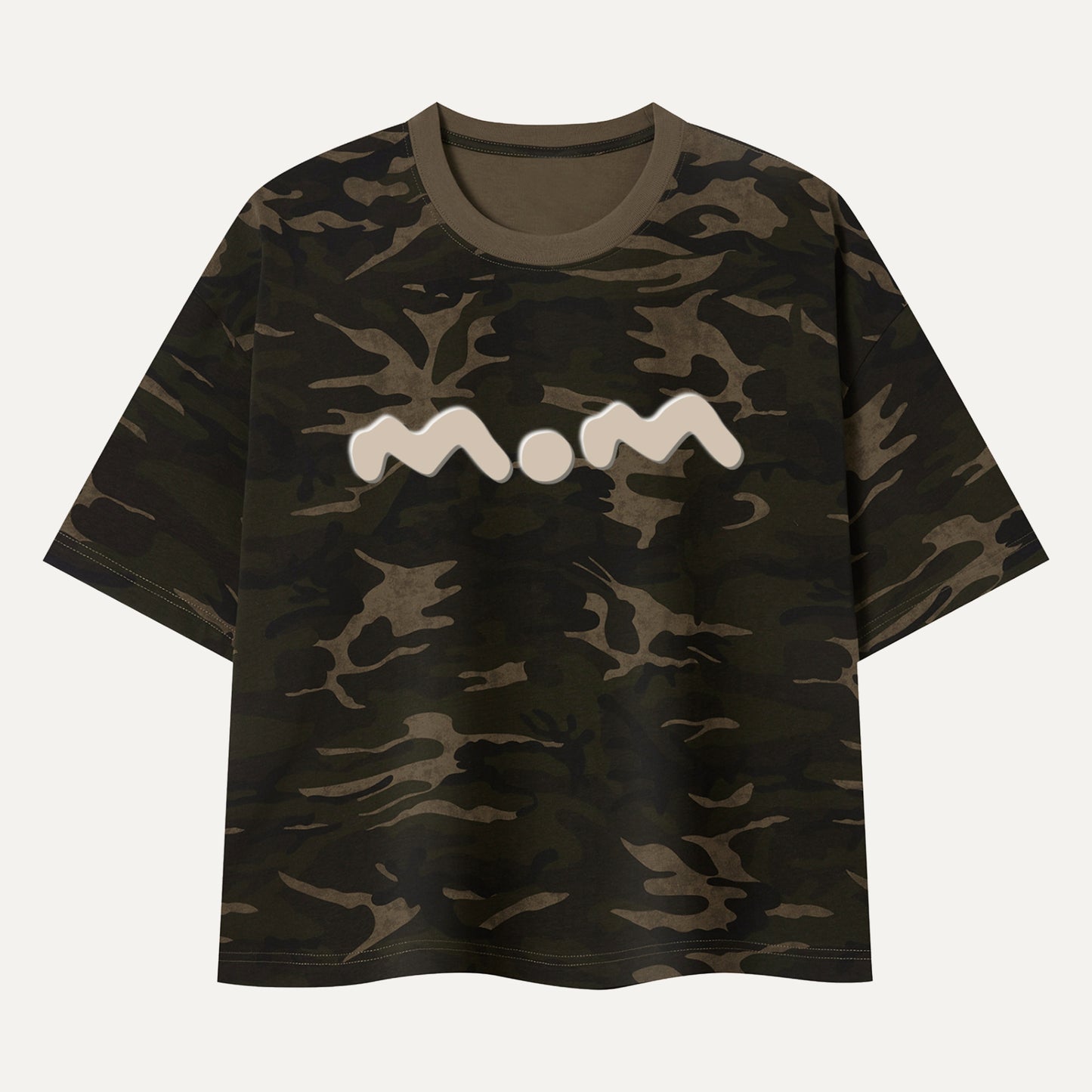 Camouflage t-shirt with a white graphic on a white background