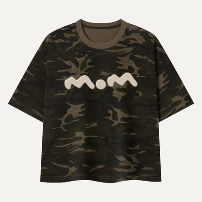 Camouflage t-shirt with a white graphic on a white background