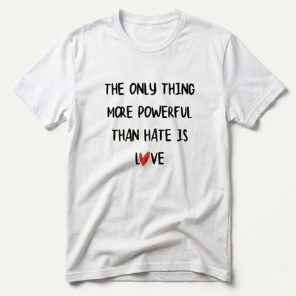 White t-shirt with black text and red heart on a white background