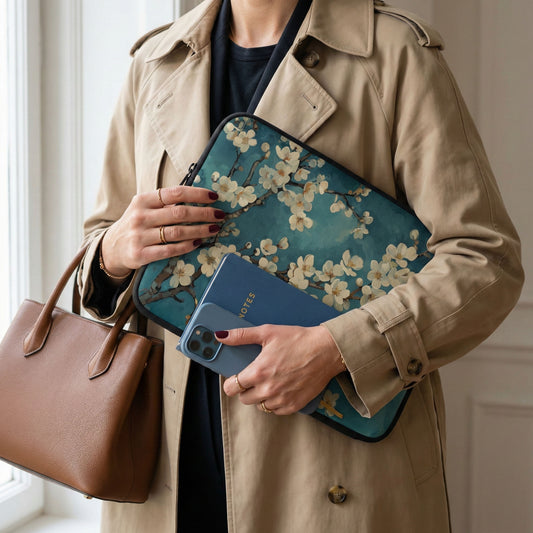 Person holding a floral laptop case and phone, wearing a beige coat.