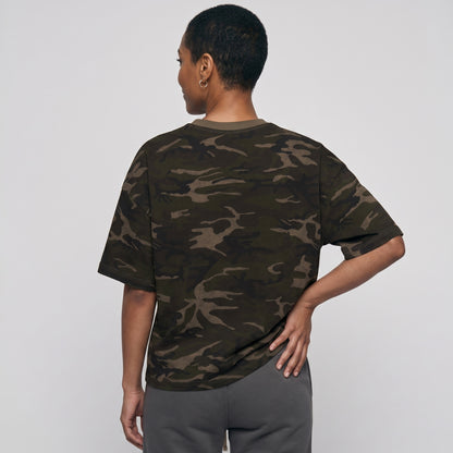 Person wearing a camouflage t-shirt on a plain background