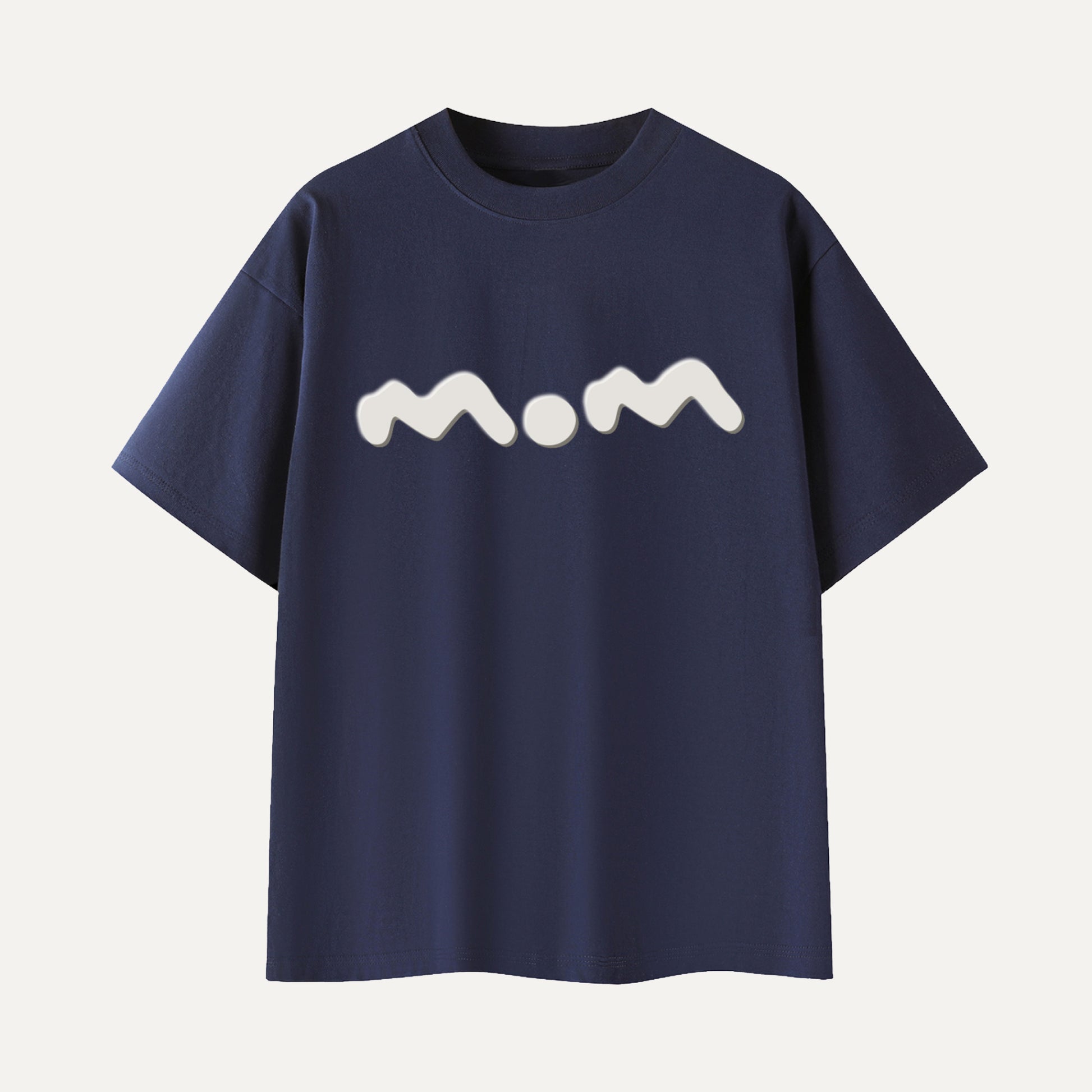 Navy blue t-shirt with 'mom' printed in white on a light gray background