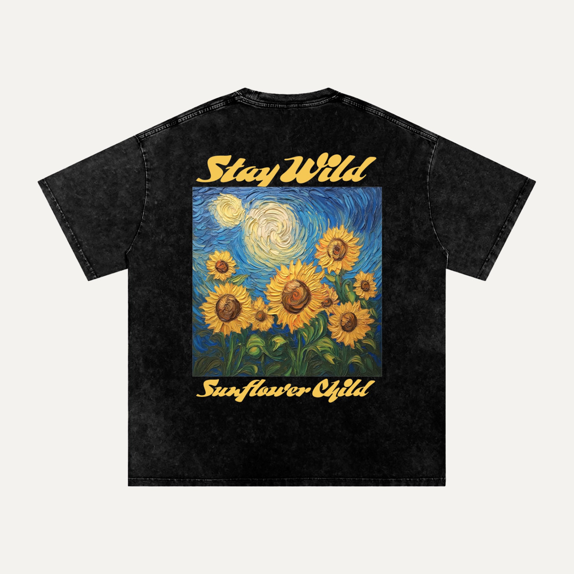 Black t-shirt with sunflower design and 'Stay Wild Sunflower Child' text on a white background