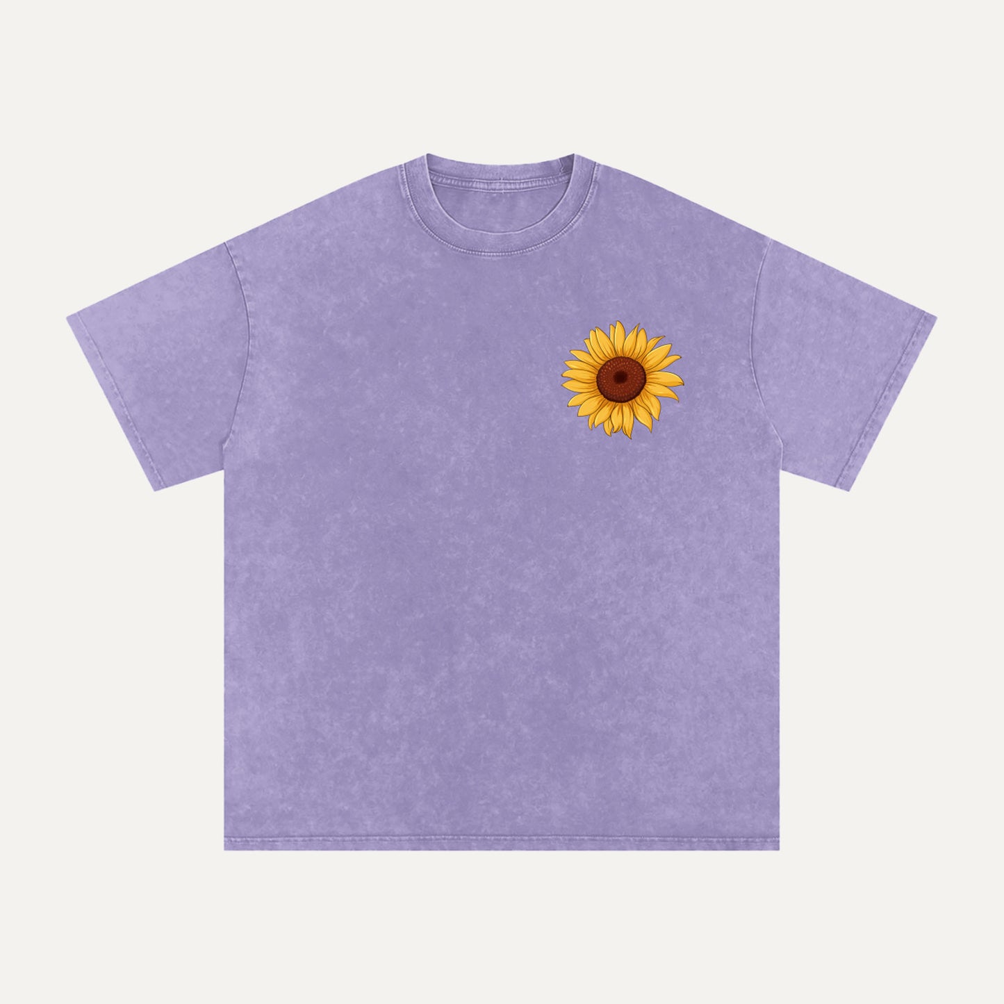Purple t-shirt with a sunflower design on a white background