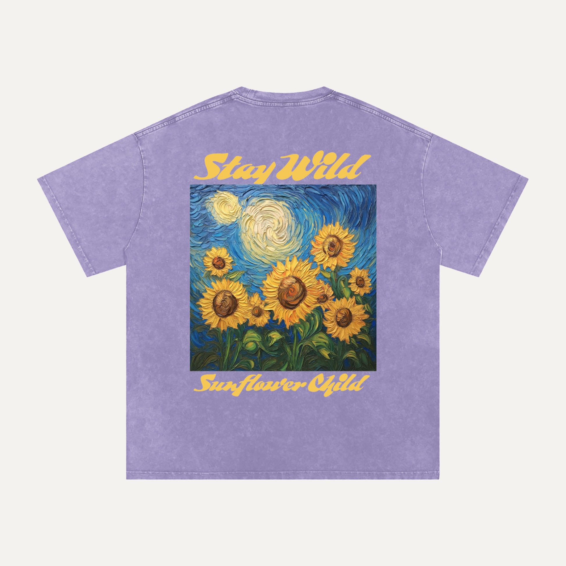 Purple t-shirt with sunflower design and 'Stay Wild Sunflower Child' text on a white background