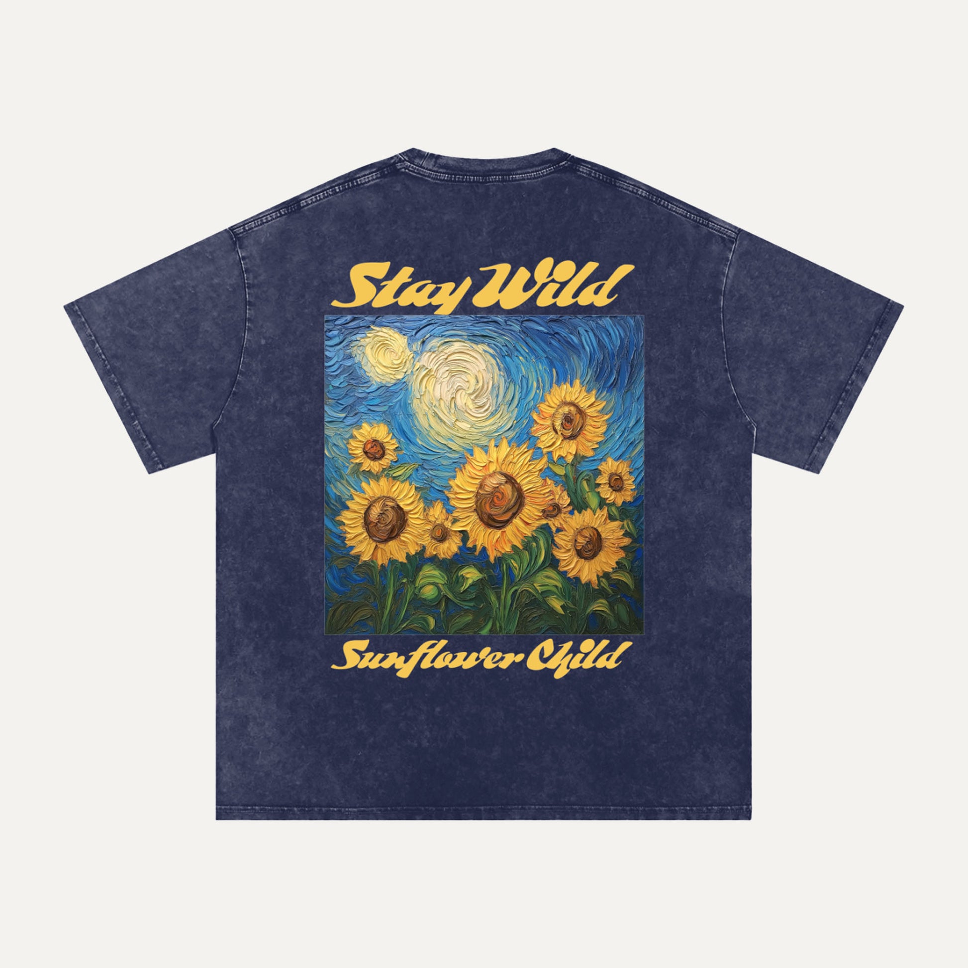 Navy blue t-shirt with sunflower design and 'Stay Wild Sunflower Child' text on a white background