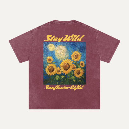 Maroon t-shirt with sunflower design and text on a white background