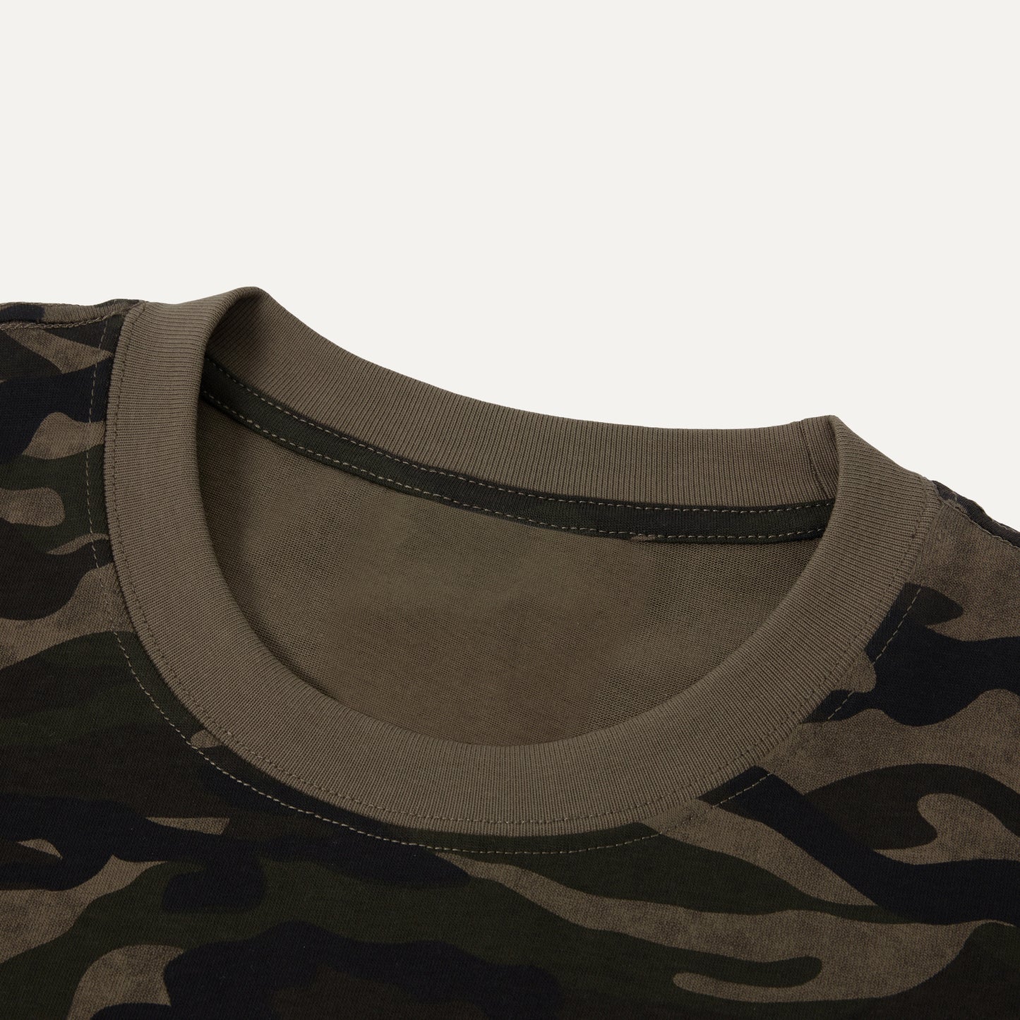 Close-up of a camouflage-patterned shirt with a plain background