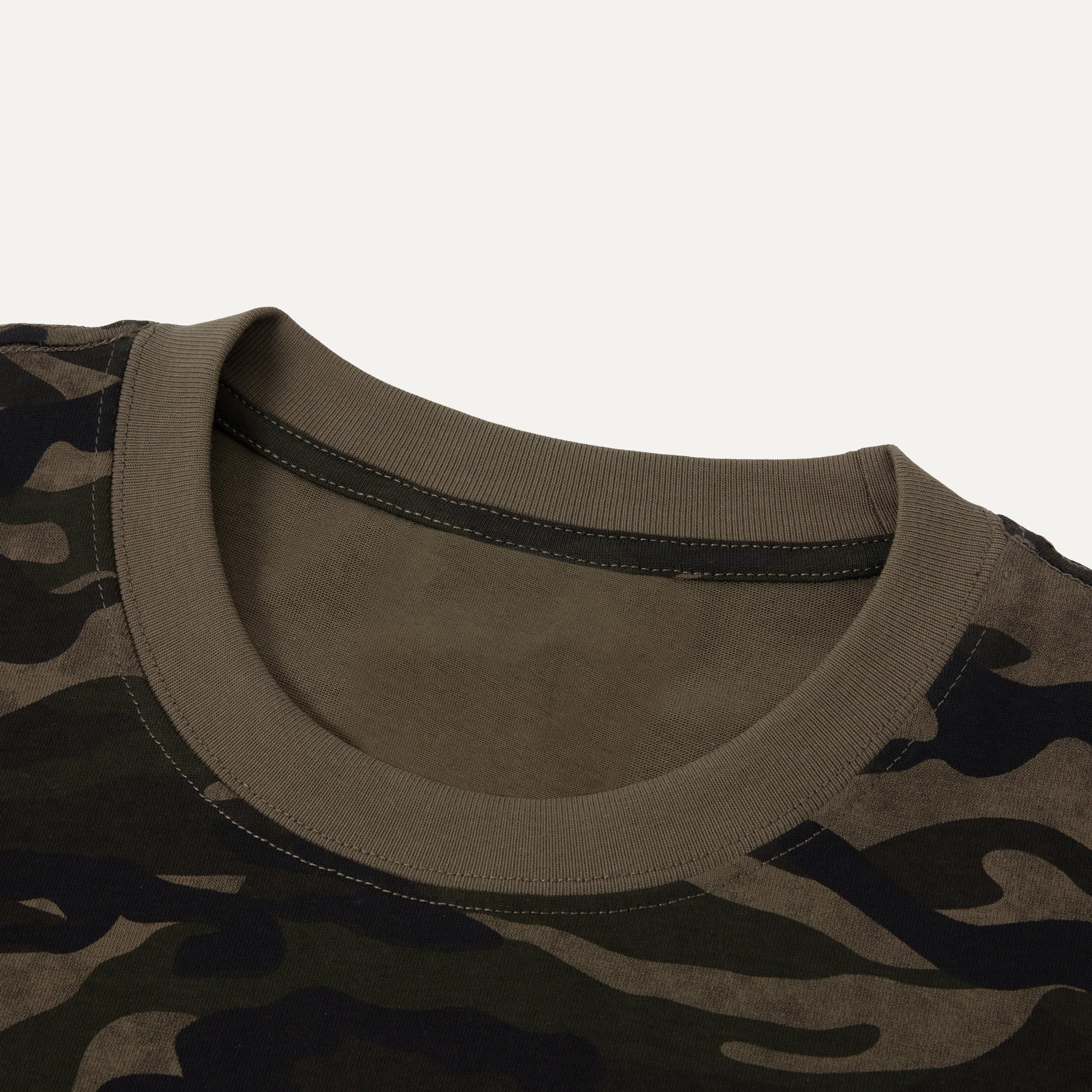 Close-up of a camouflage-patterned shirt with a plain background