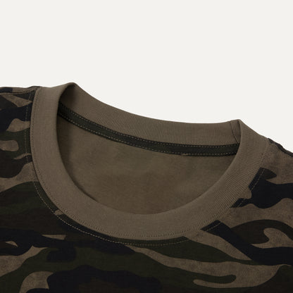 Close-up of a camouflage-patterned shirt with a plain background