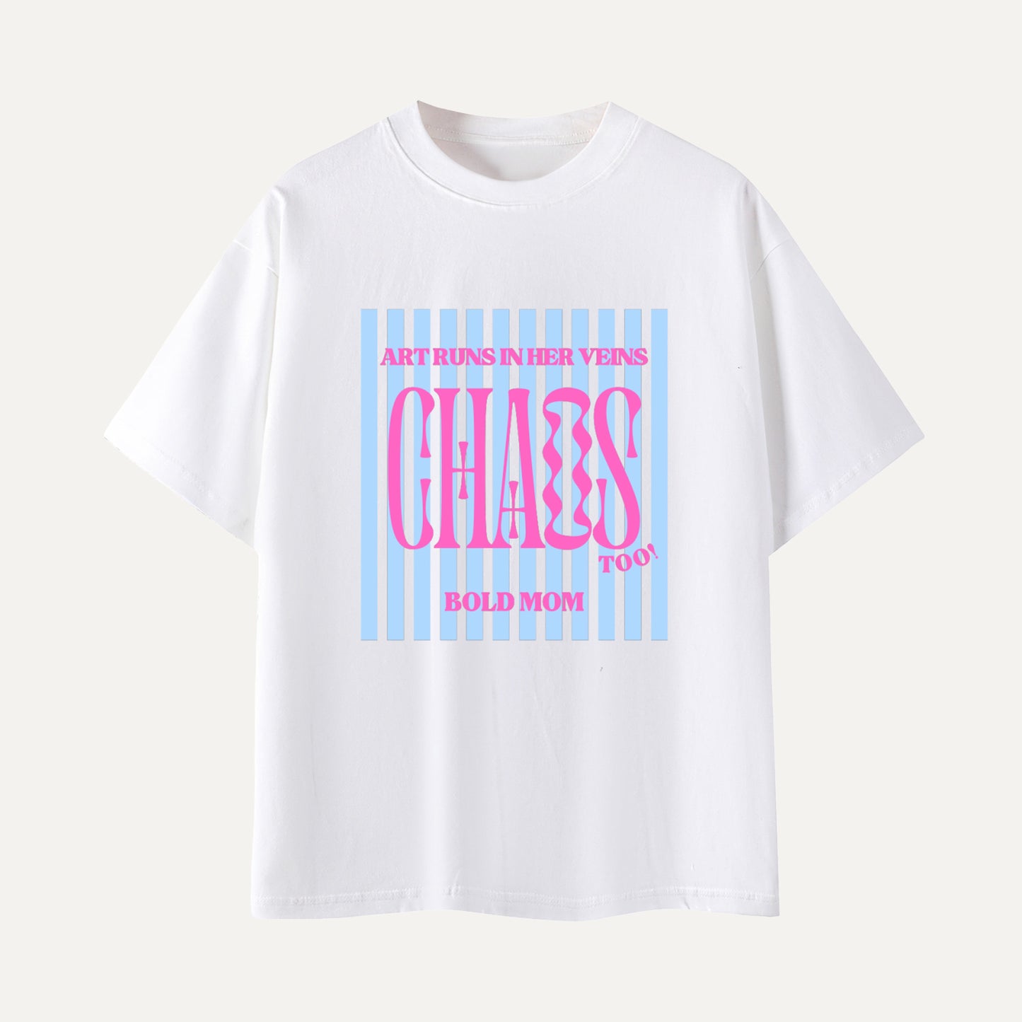 White t-shirt with colorful text design on a light gray background