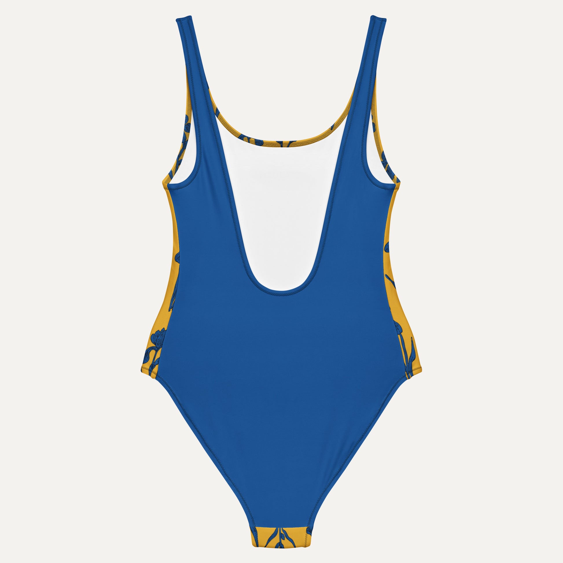 Blue swimsuit with yellow accents on a white background