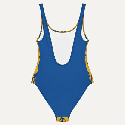 Blue swimsuit with yellow accents on a white background