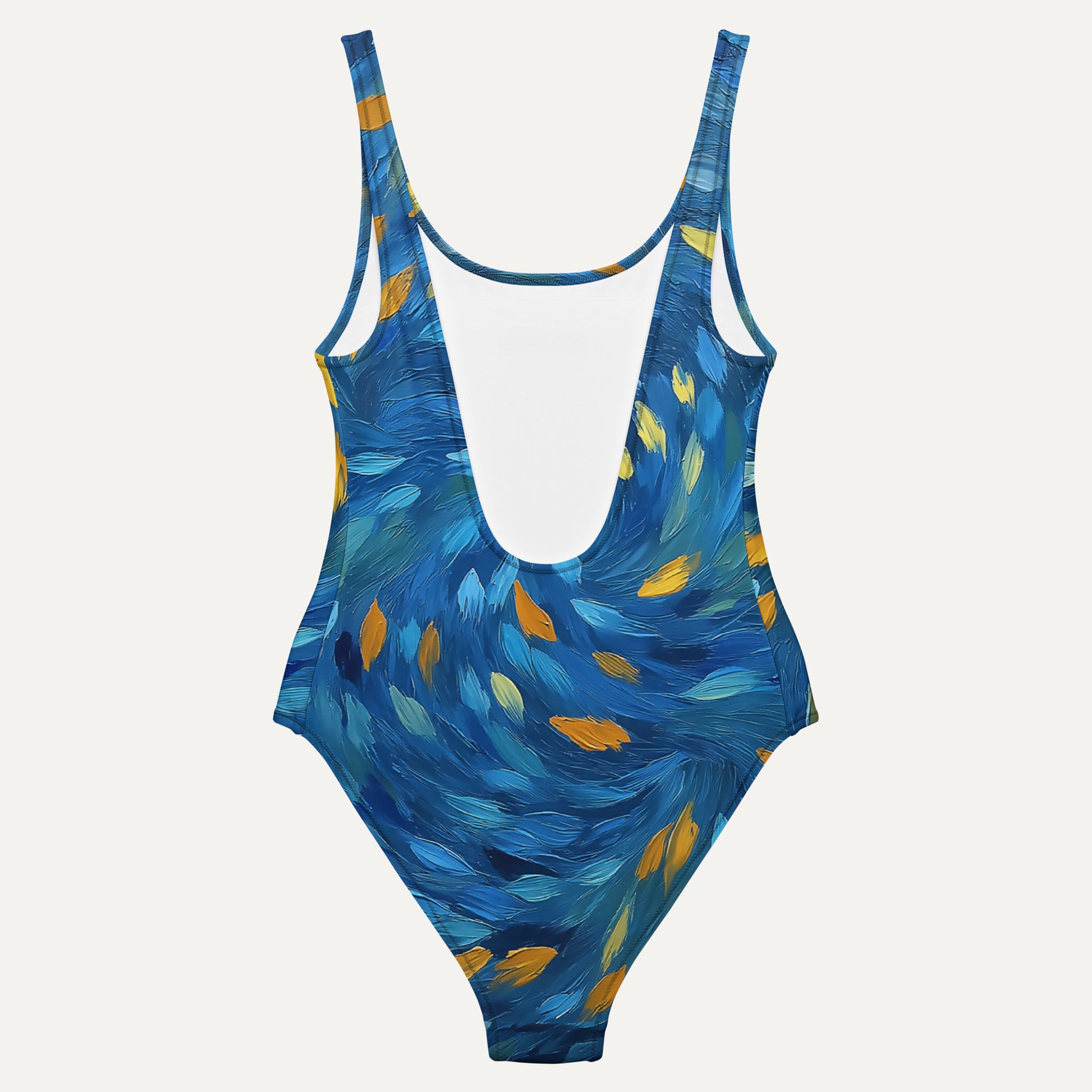 Blue swimsuit with feather pattern on a light gray background